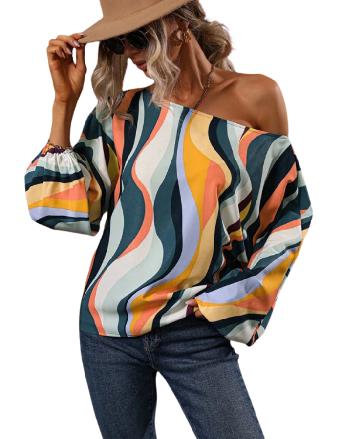 SHOPIQAT Women's Alphabet Print One Shoulder Loose Balloon Sleeve Top - Premium from shopiqat - Just $7.250! Shop now at shopiqat